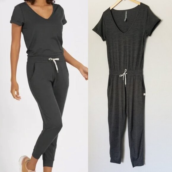 Vuori All Day Jumpsuit Charcoal Heather Short Sleeve V-Neck One Piece XS Gray - Picture 2 of 14